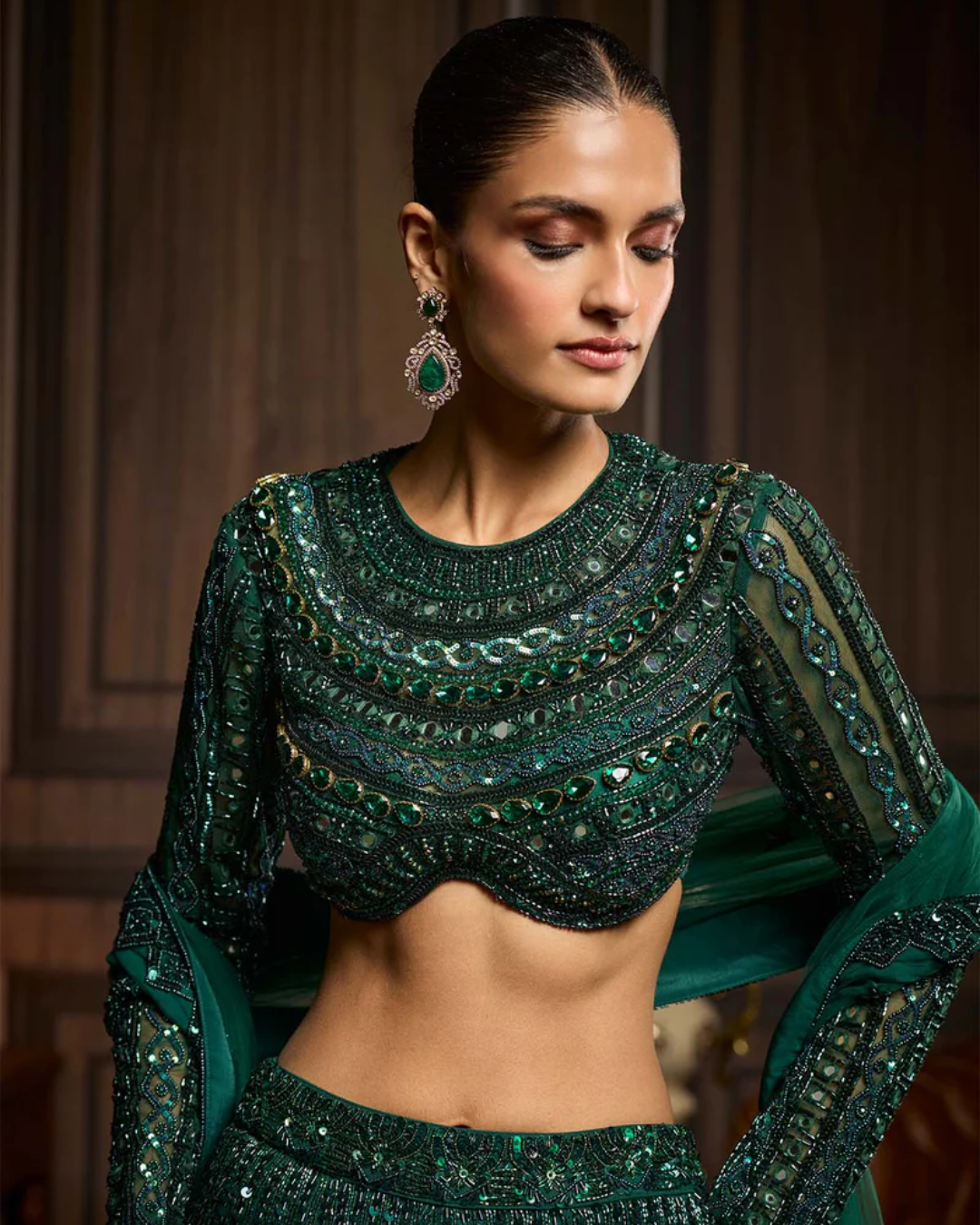Diya Rajvvir - Emerald Green Embellished Lehenga Set from Taara