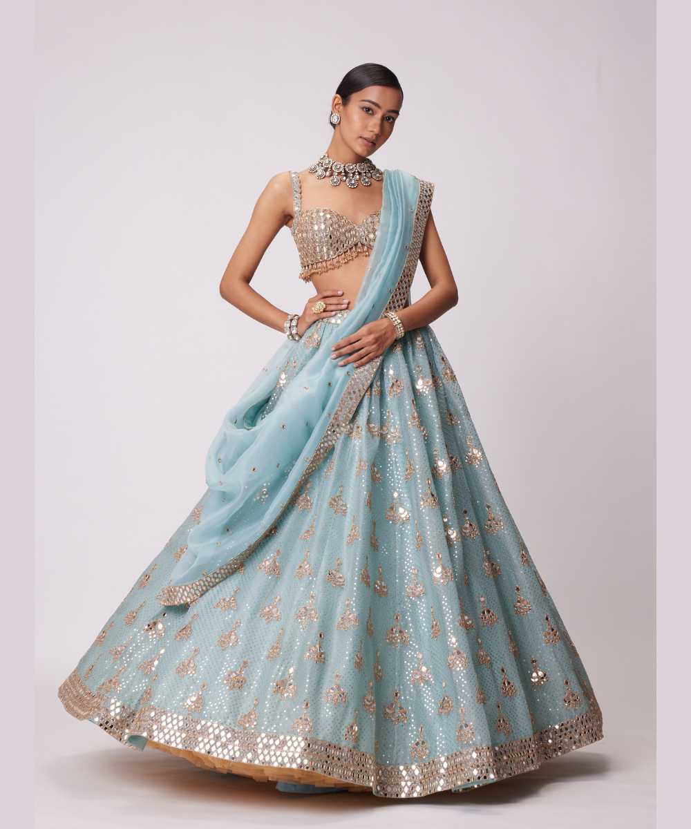 POWDER BLUE ORGANZA SEQUIN EMBROIDERED LEHENGA SET - Collection name Jugmug Bride by Vvani Vats