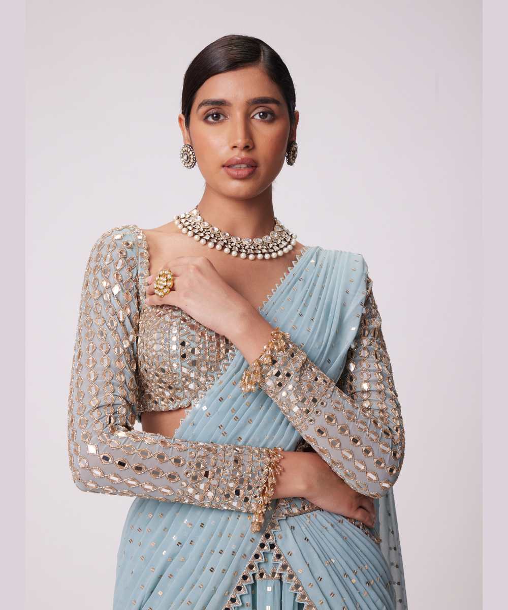 POWDER BLUE MULTI TIER HAND EMBROIDERED SAREE SET - Collection name Jugmug Bride by Vvani Vats