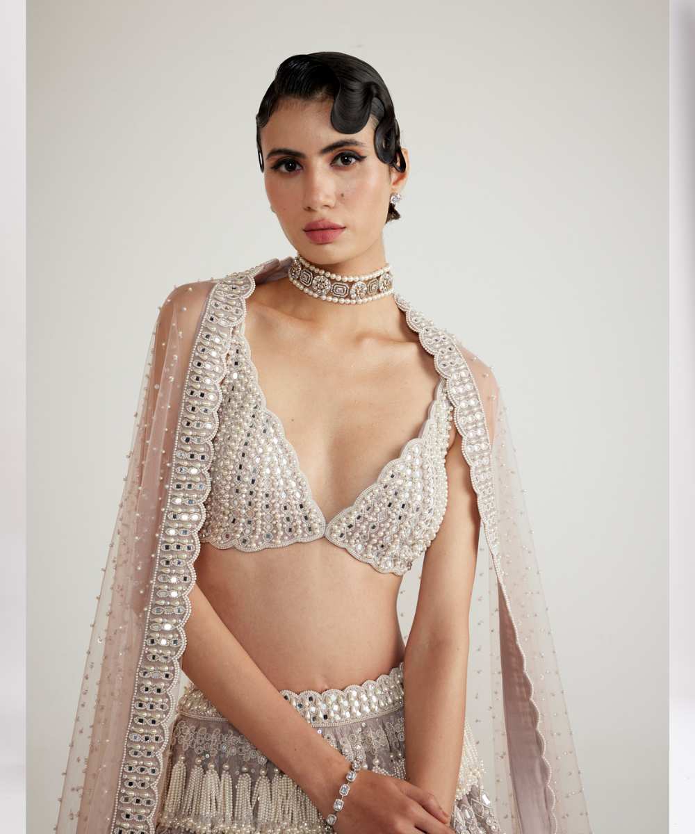 Ash Pink Chandelier Pearl Drop Lehenga Set - Collection name Piroi by Vvani vats