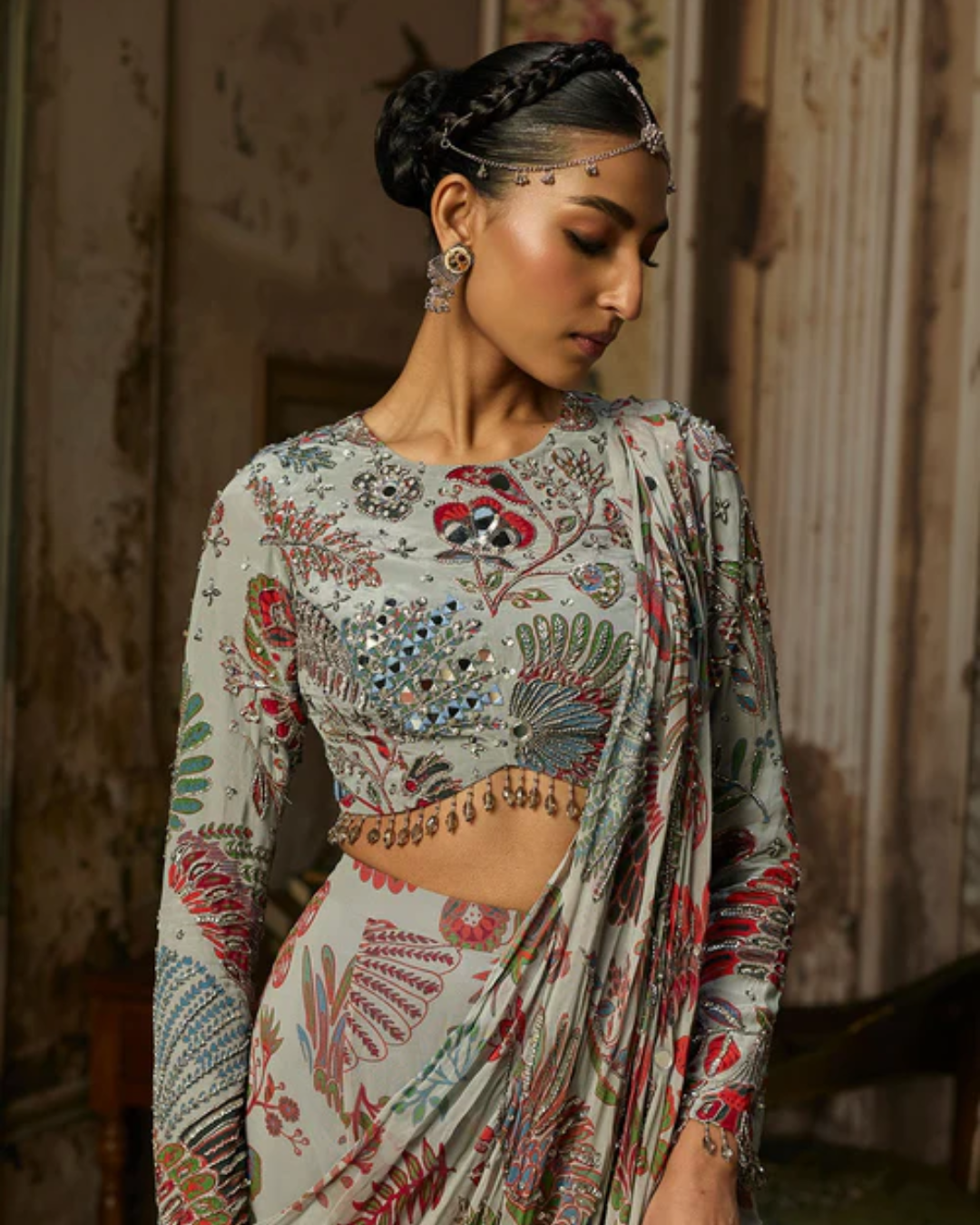 Diya Rajvvir - Slate Grey Printed And Highlighted Tiered Skirt Saree Set from Bahaar