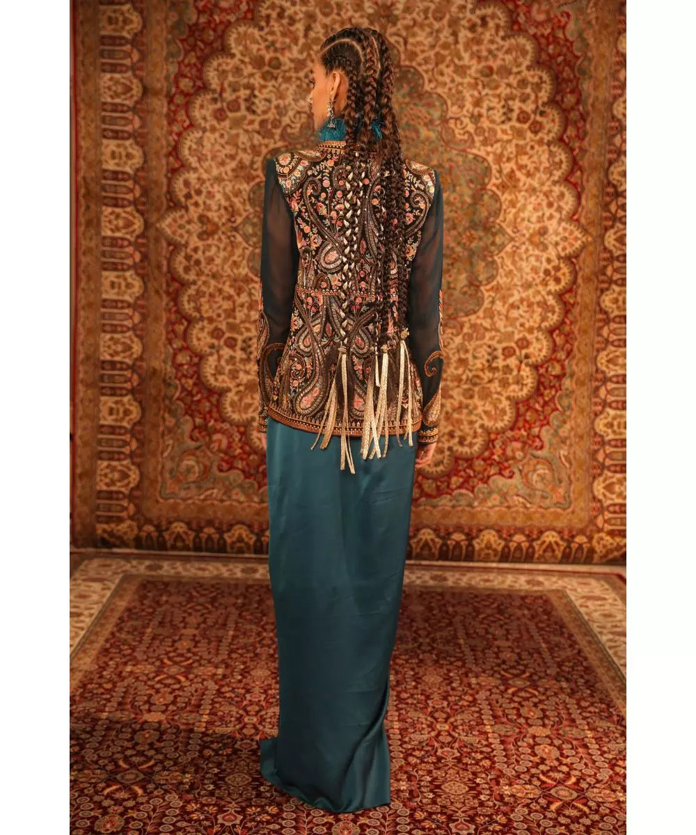 ADITI GUPTA - Teal Jamawaar Jacket with Fur Blouse Draped Skirt
