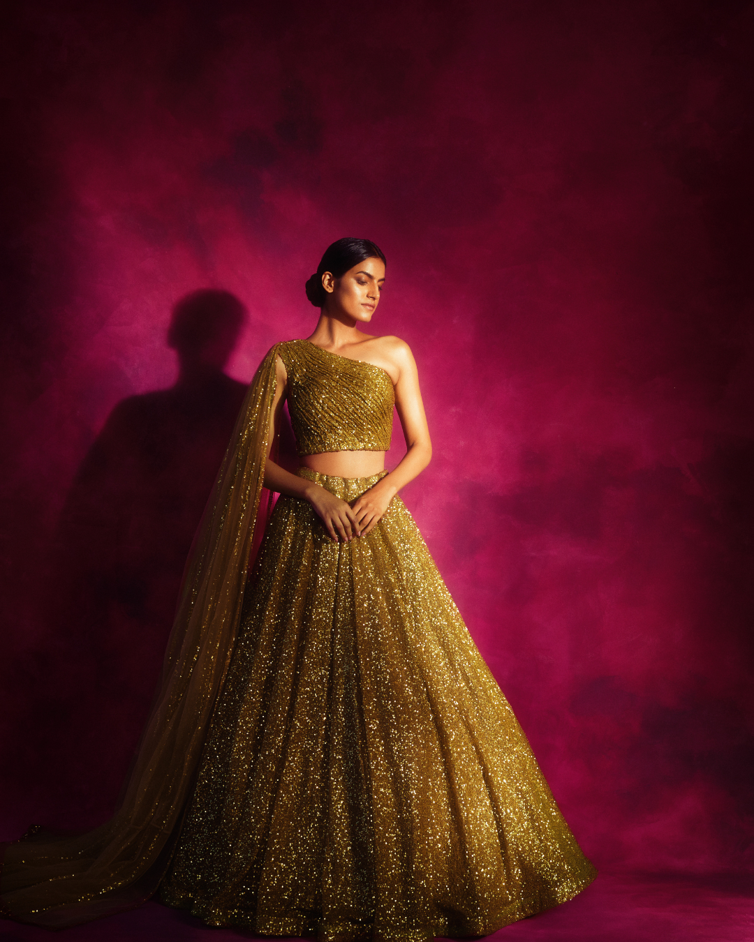 Vvani Vats - Dull Gold One Shoulder Veil Lehnga Set from Chand