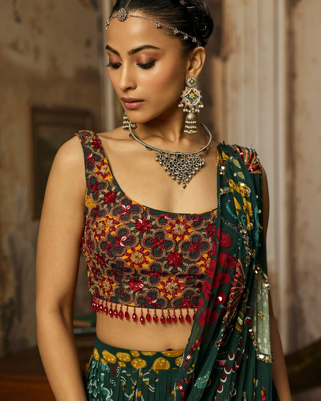 Diya Rajvvir - Dark Green Printed And Highlighted Tiered Skirt Saree Set from Bahaar