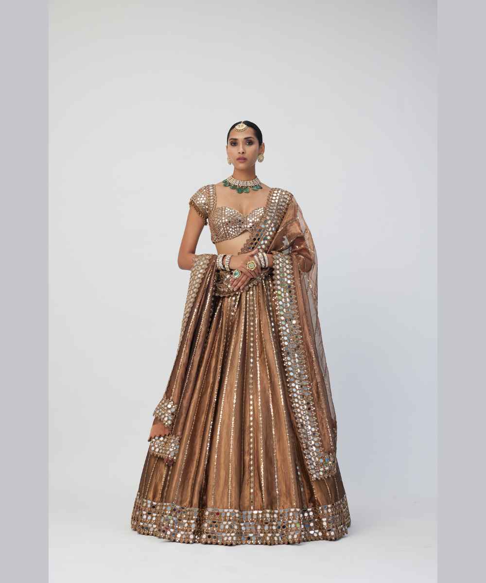 Copper Shimmer Organza Linear Lehenga Set