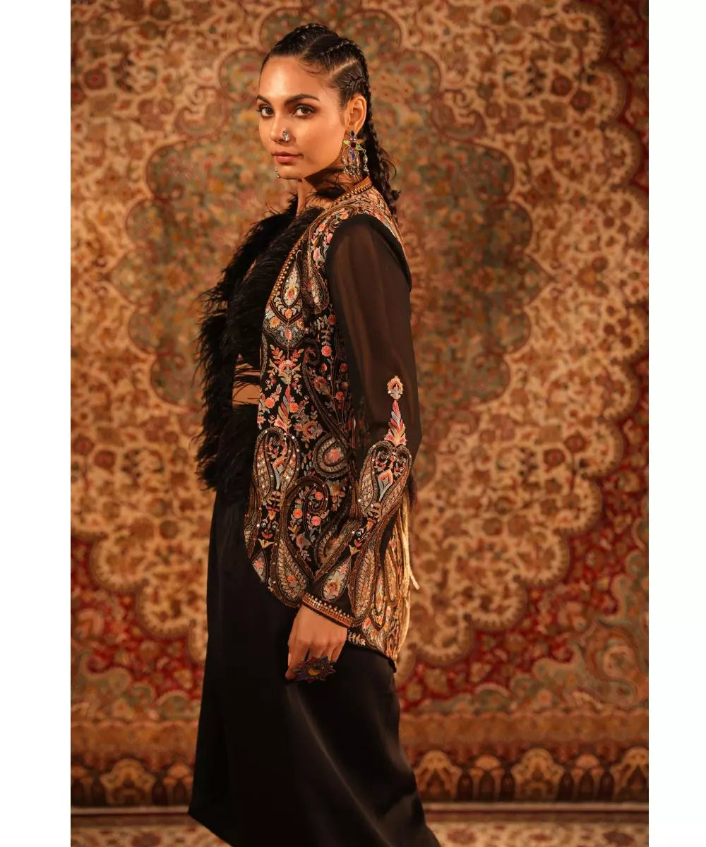 ADITI GUPTA  - Black Jamawaar Jacket with Fur knotted Blouse Draped Skirt