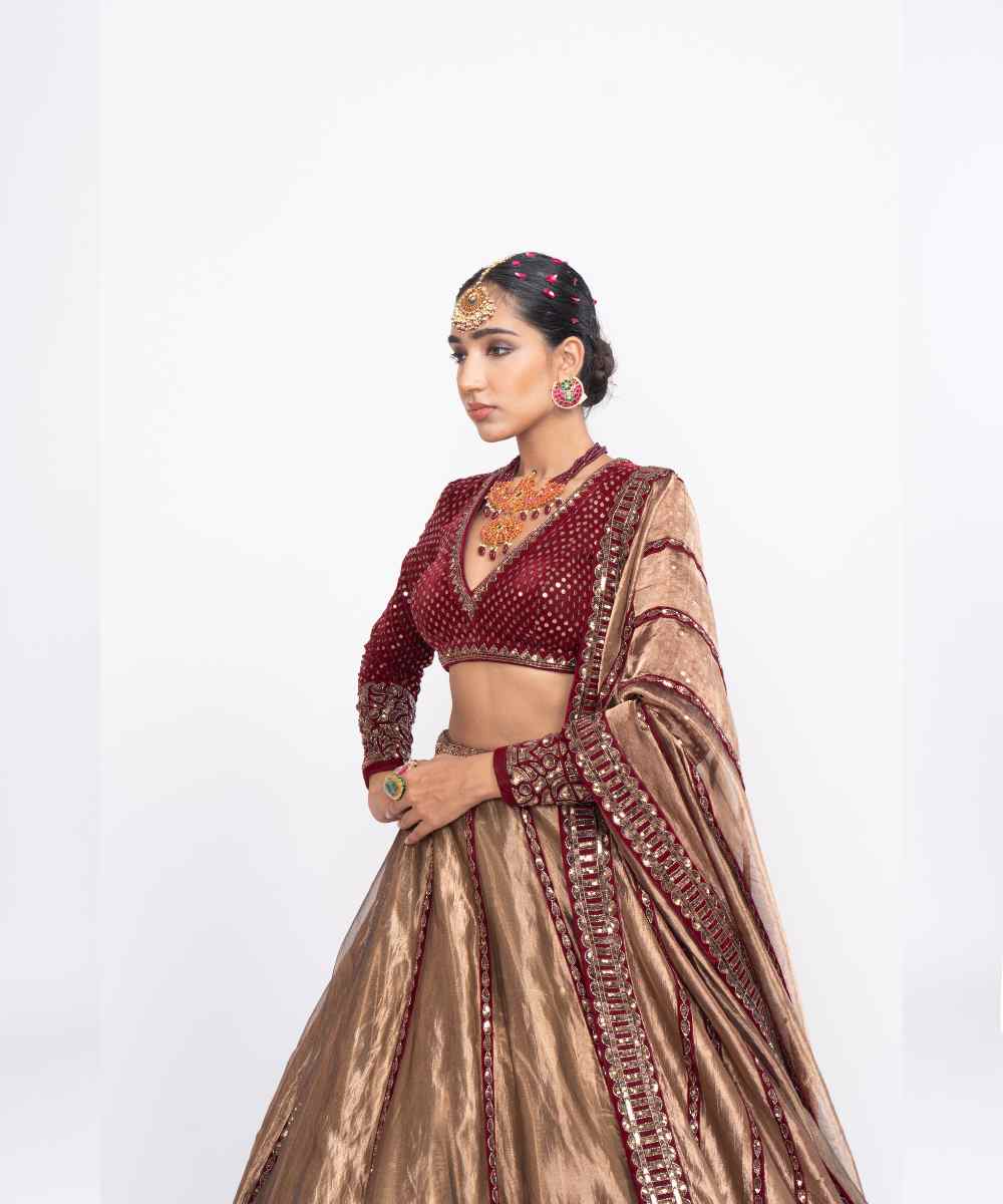 Maroon copper tissue lehenga set