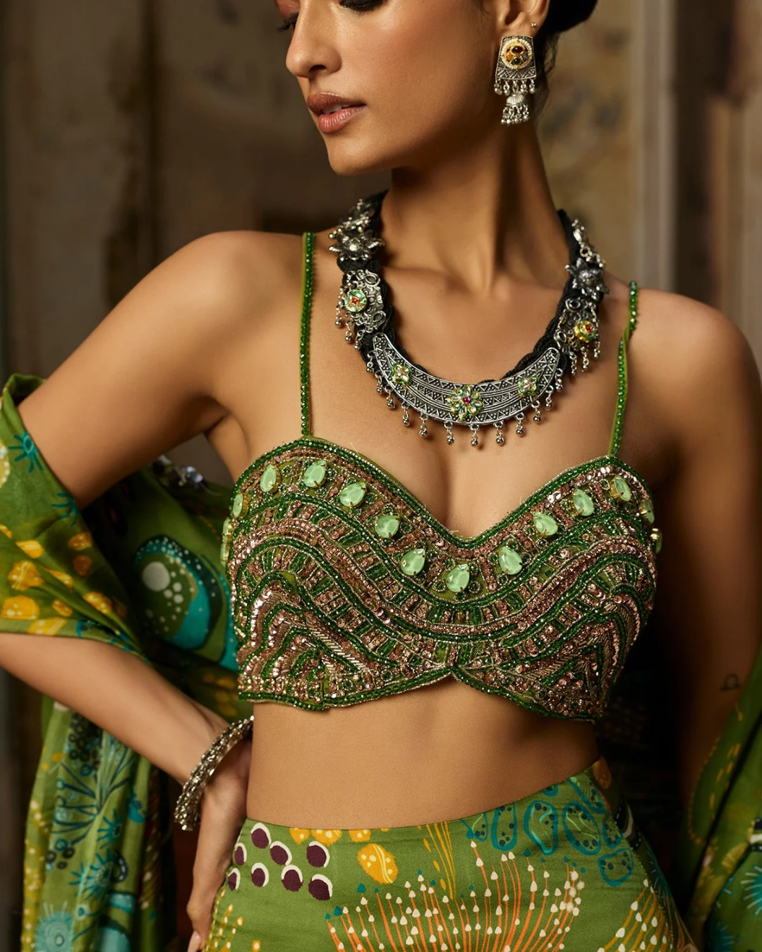 Diya Rajvvir - Pear Green Embroidered Blouse And Cowl Skirt Set from Bahaar