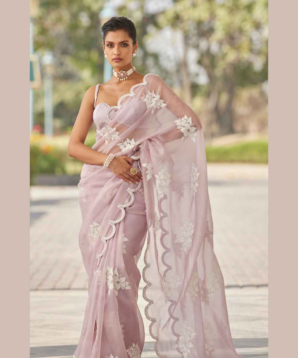 Powder Lilac Flower Saree Set