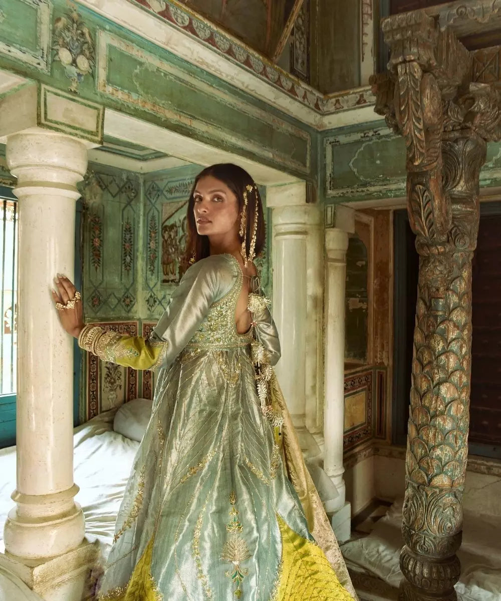 Aditi Gupta - Moonlight Blue  pure tissue Jacket with crushed Silk Skirt Set with tissue dupatta