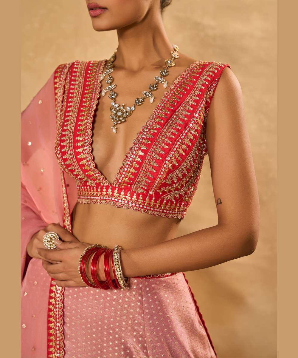 MINA DAMAN LEHENGA - Tissue jamewar lehenga accented with pita and zari embroidery along a contrast red hem paired with a delicately embroidered red plunging neck blouse - Leher by Chamee and Palak