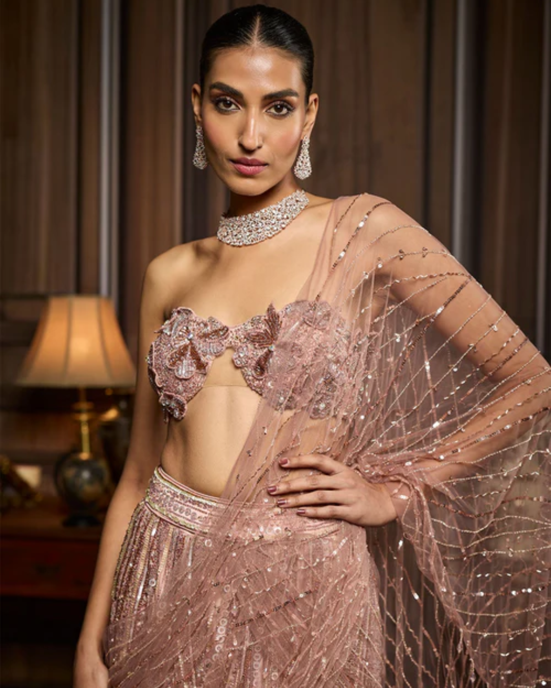 Diya Rajvvir - Blush Pink Embellished Pre-Draped Skirt Saree Set from Taara