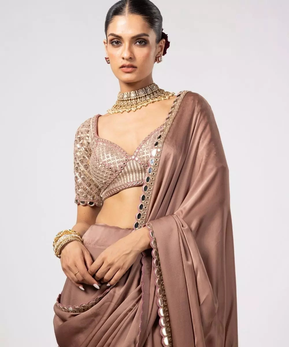 VVANI VATS - Deep beige Satin Saree with Sweetheart Neck Blouse