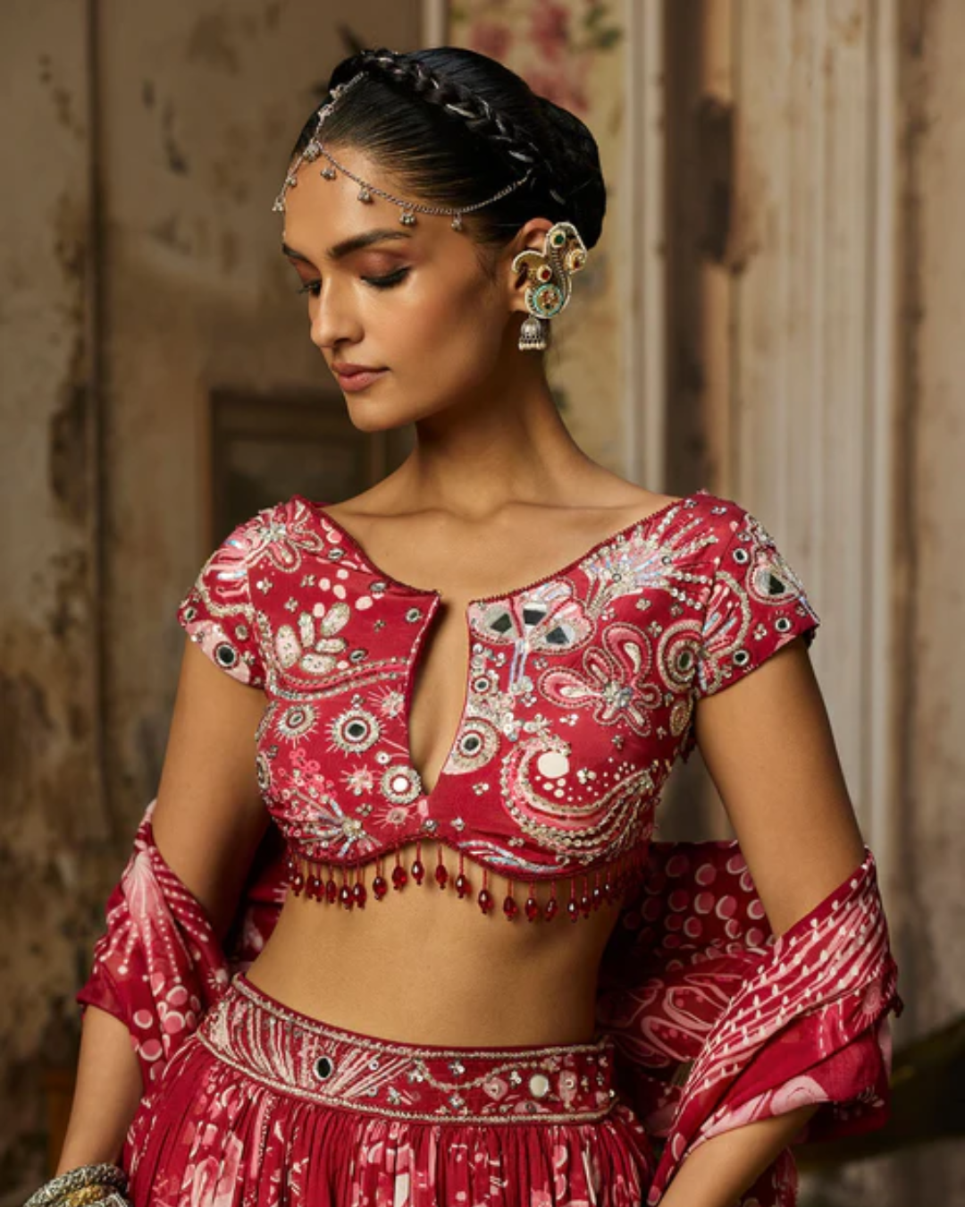 Diya Rajvvir - Scarlet Red Printed And Highlighted Lehenga Set from Bahaar