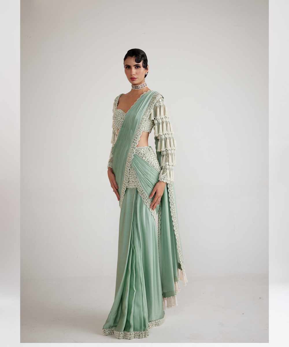 Powder Mint Green Chandelier Drop Saree Set -  Collection name Piroi by Vvani vats