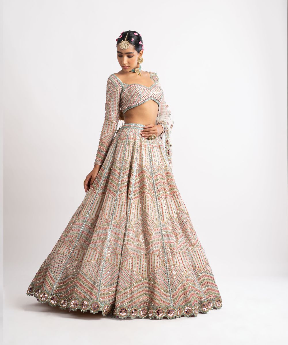 White Heavy Multi Geo Color Lehenga Set - Collection name Rang by Vvani vats