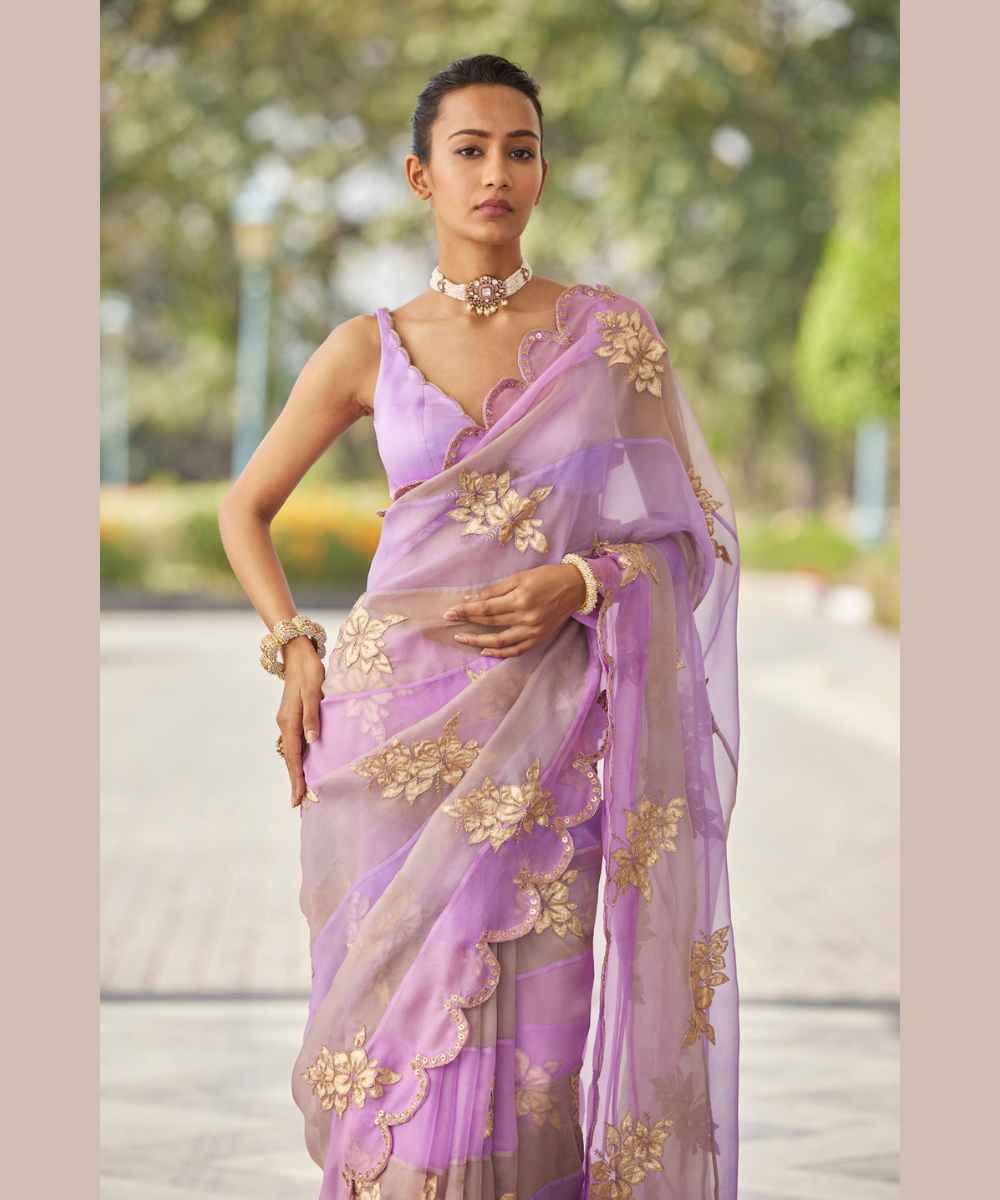Mauve multicolor Flower Saree Set