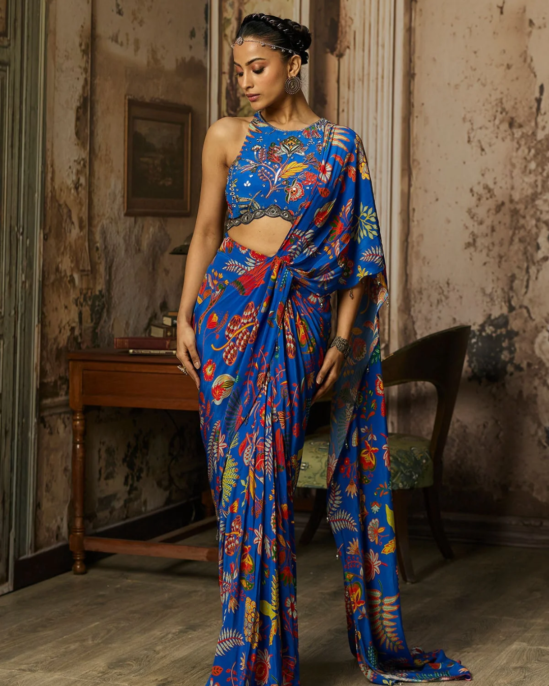 Diya Rajvvir - Electric Blue Printed And Highlighted Dhoti Skirt Saree Set from Bahaar
