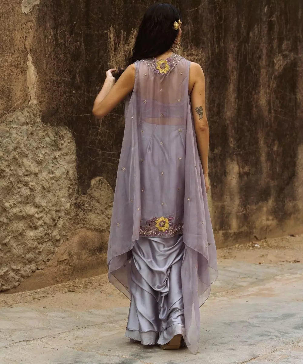 Aditi Gupta -  Lilac drape satin Skirt  Set with organza cape