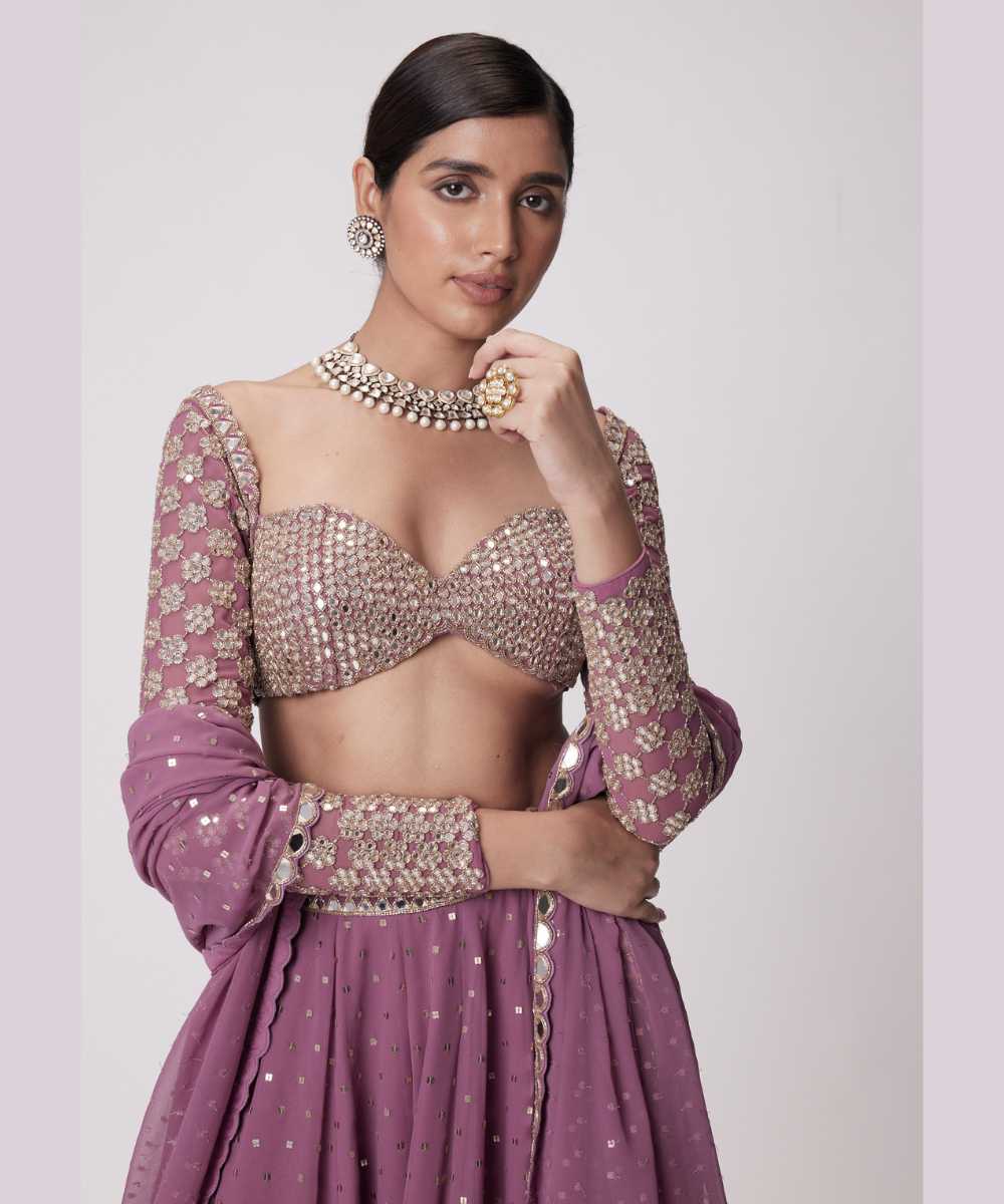 MUD  MAUVE MIRROR EMBROIDERED LEHENGA PANTS SET - Jugmug Bride by Vvani Vats