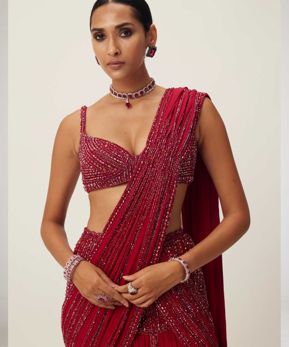 Ruby Red Pre Draped Crystal Embellished Saree Set -  Collection name Maya by Vvani Vats