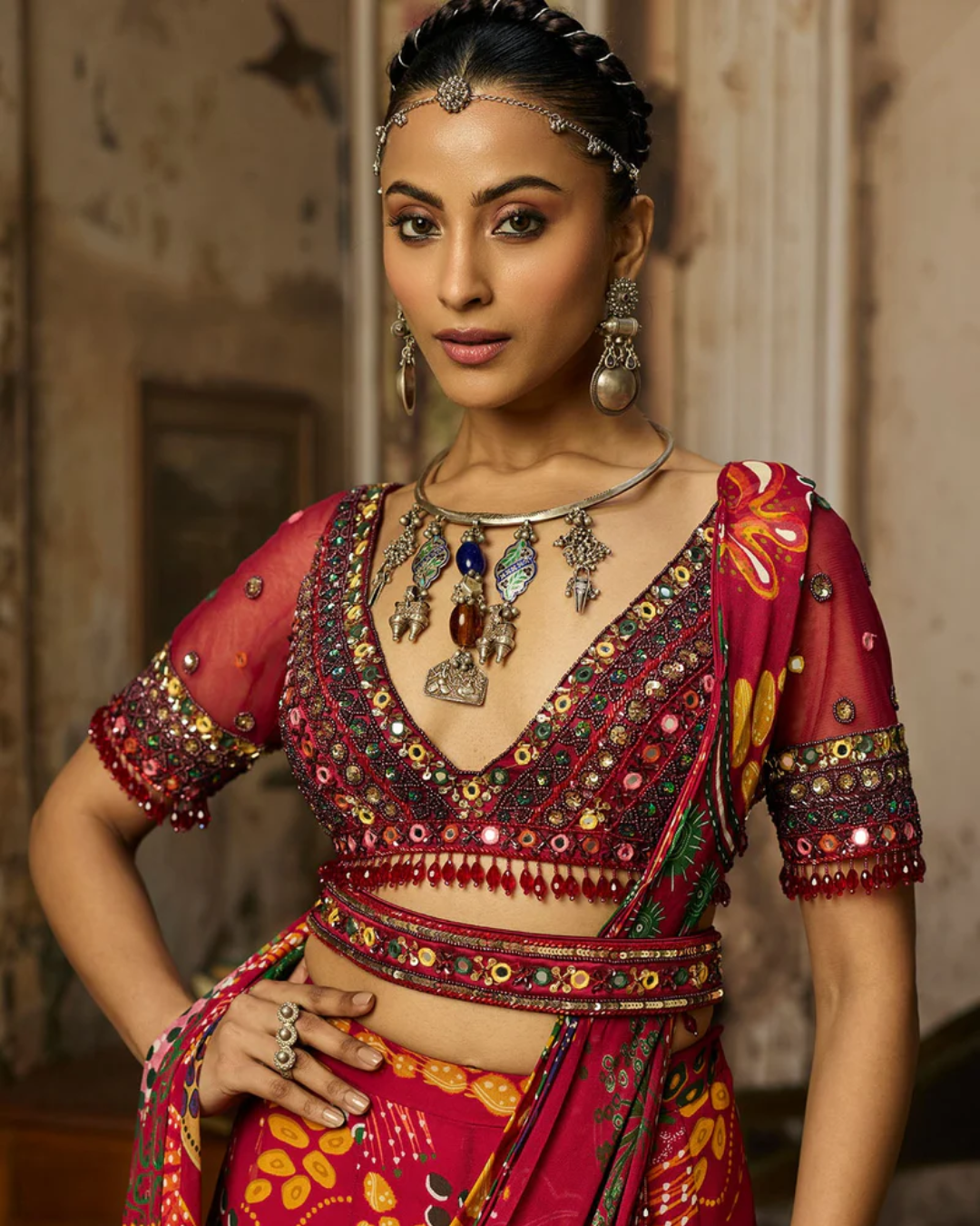 Diya Rajvvir - Deep Red Embroidered Blouse With Mermaid Skirt Saree Set from Bahaar