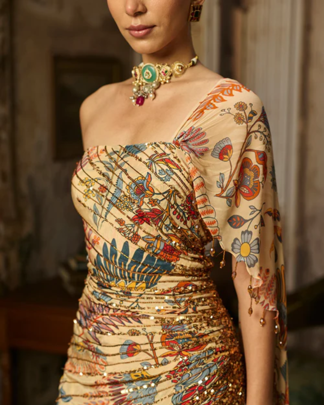 Diya Rajvvir - Beige Printed And Highlighted Drape Gown Saree from Bahaar