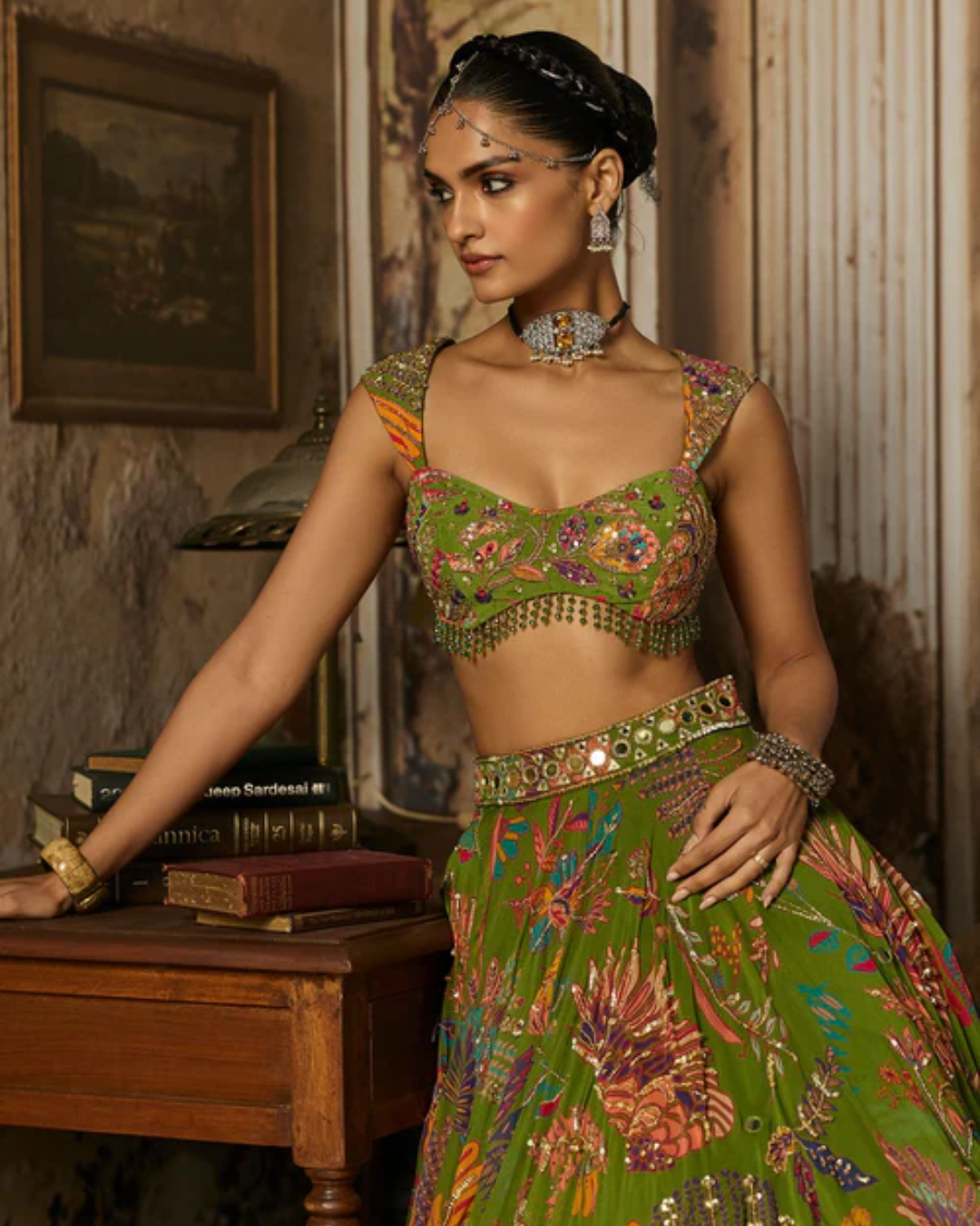 Diya Rajvvir - Pear Green Printed And Highlighted Lehenga Set from Bahaar