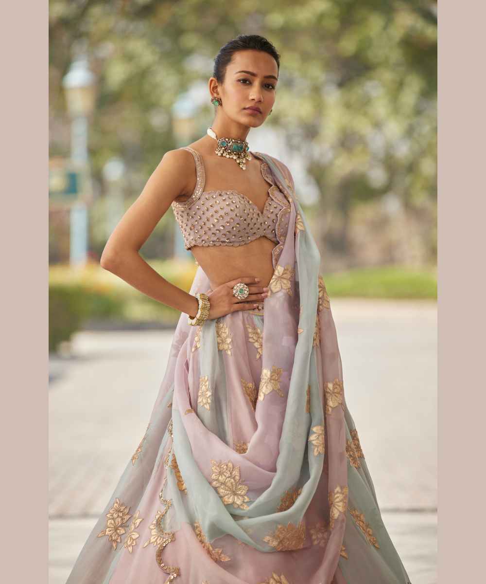 Ash Pink Flower Lehenga Set