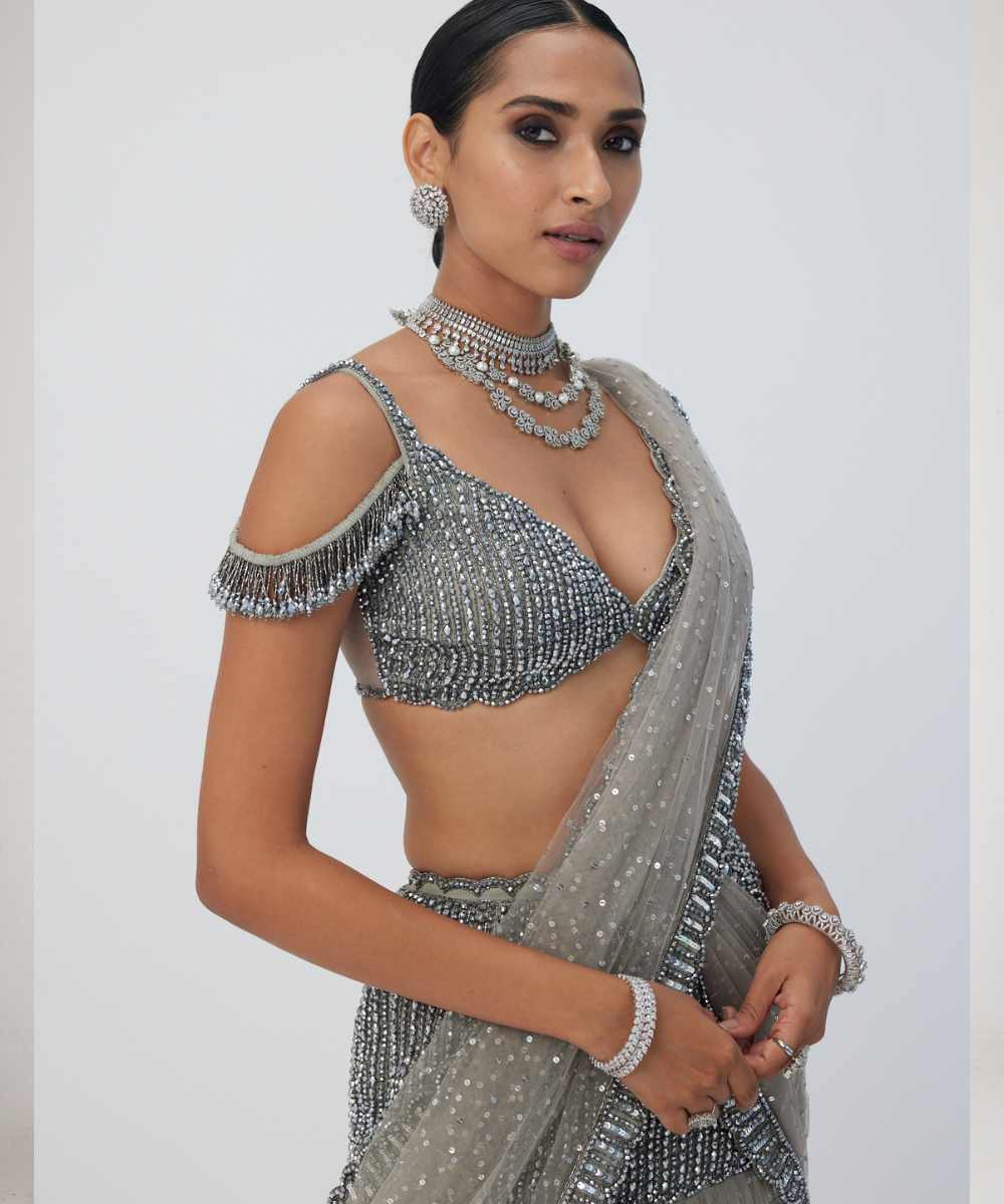Crystal Grey Sequin Scattered Pre Draped Saree Set - Collection name Maya by Vvani Vats