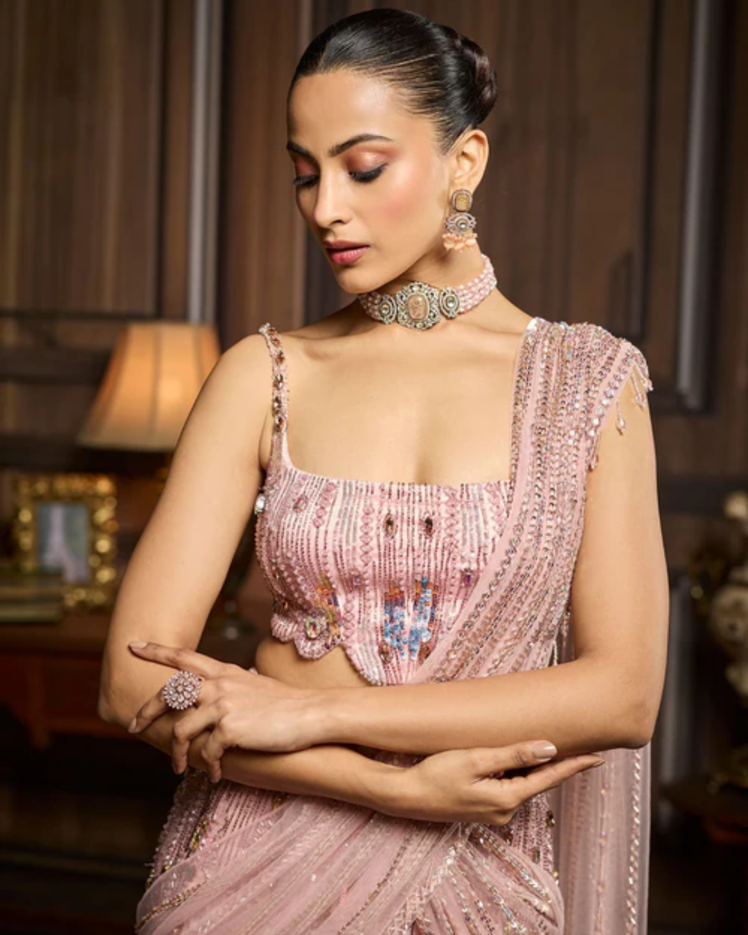 Diya Rajvvir - Blush Pink Embellished Pre-Draped Skirt Saree Set from Taara