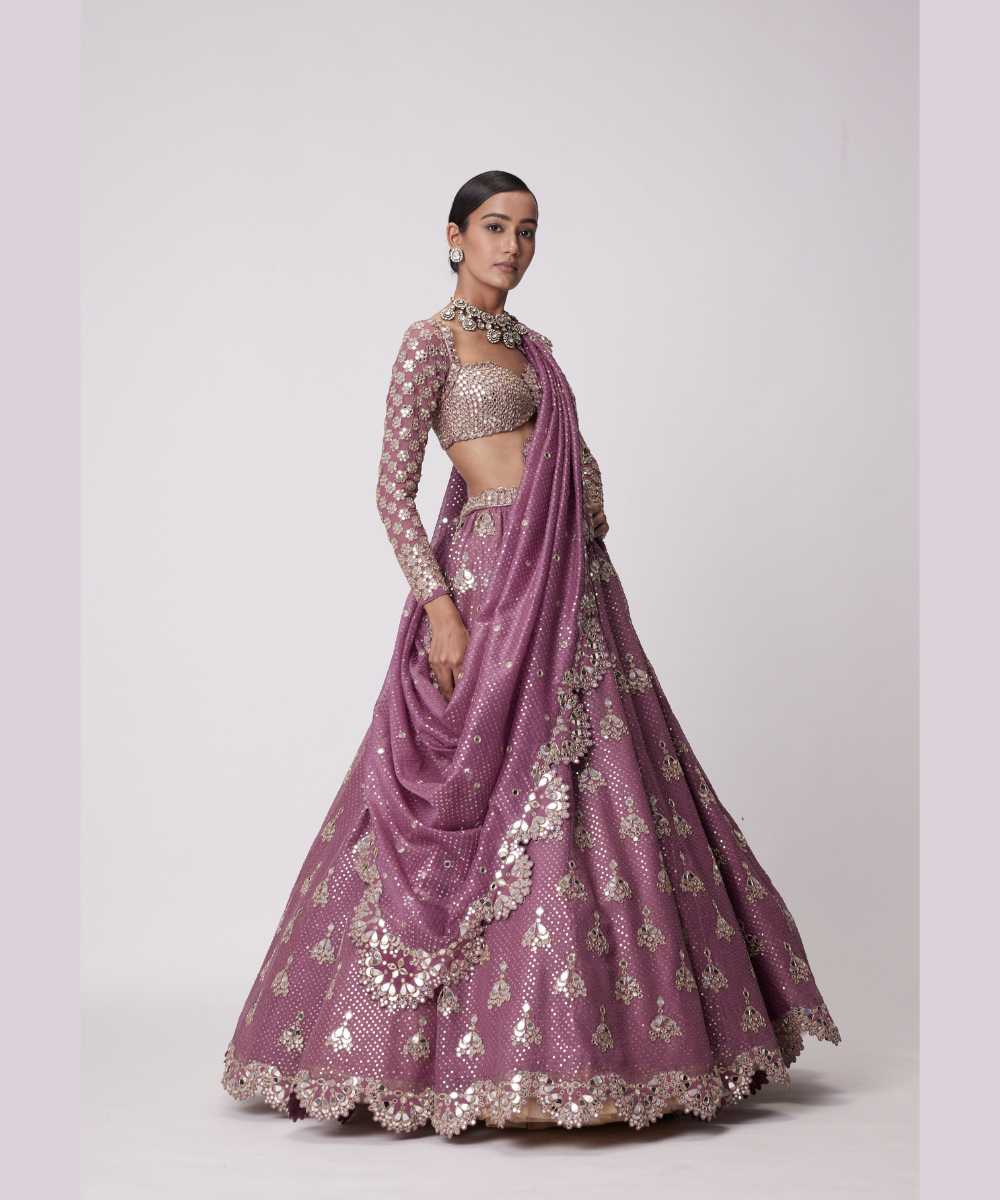 MUD  MAUVE SEQUIN AND FLOWER EMBROIDERED LEHENGA SET - Jugmug Bride by Vvani Vats