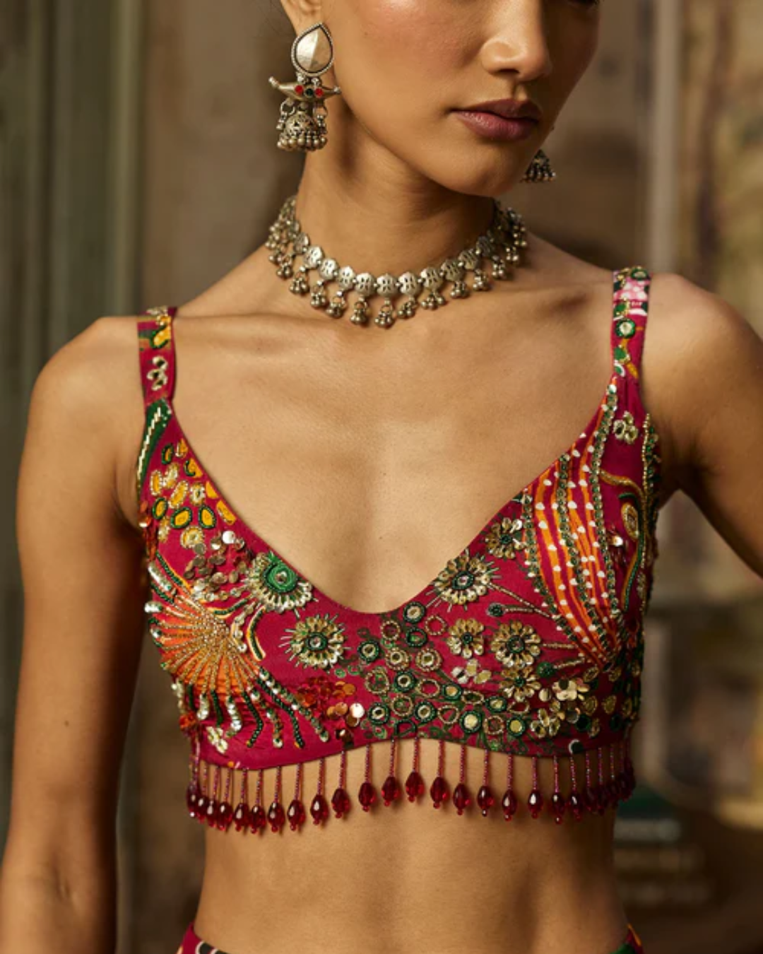 Diya Rajvvir - Deep Red Printed And Highlighted Skirt Set from Bahaar
