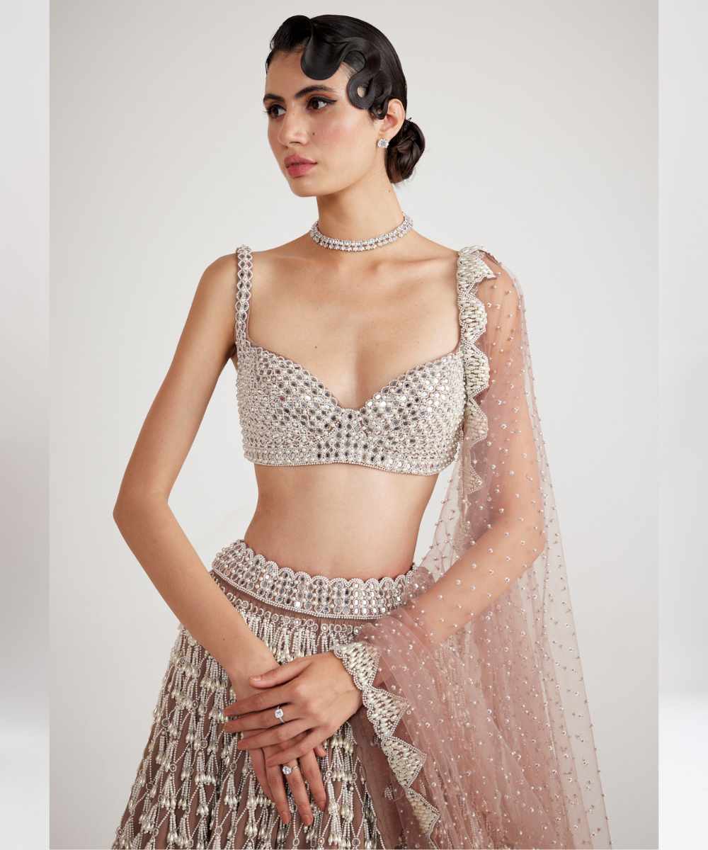 Deep Beige Chandelier Pearl Drop Lehenga Set - Collection name Piroi by Vvani vats