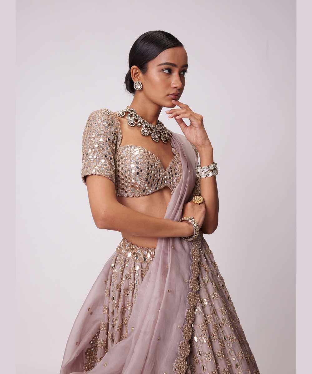 ASH PINK MIRROR FLOWER EMBROIDERED LEHENGA SET - Collection name Jugmug Bride by Vvani Vats