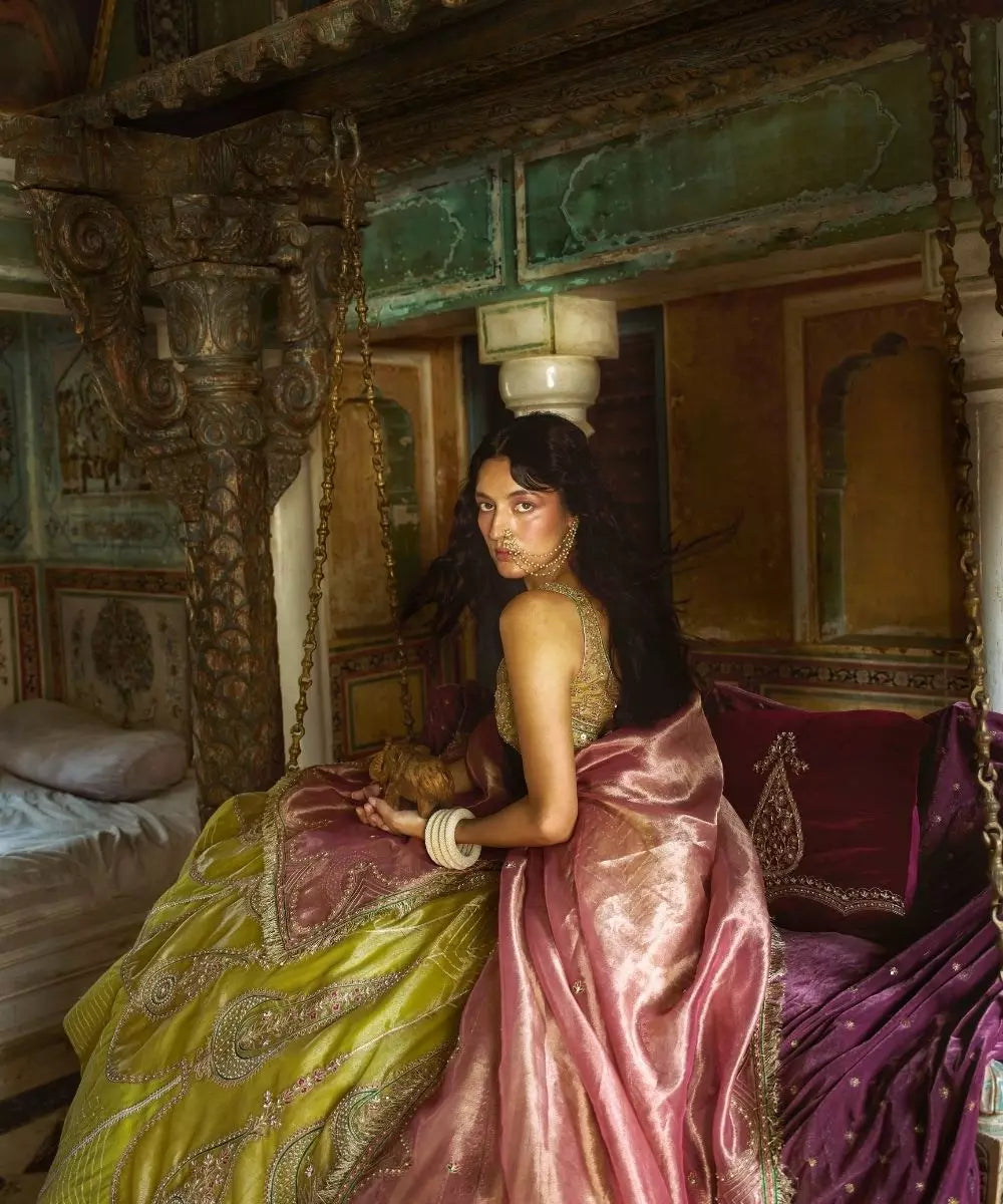 Aditi Gupta - Lemon Green Silk Zari tissue with Rose Pink tissue dupatta Lehenga Set