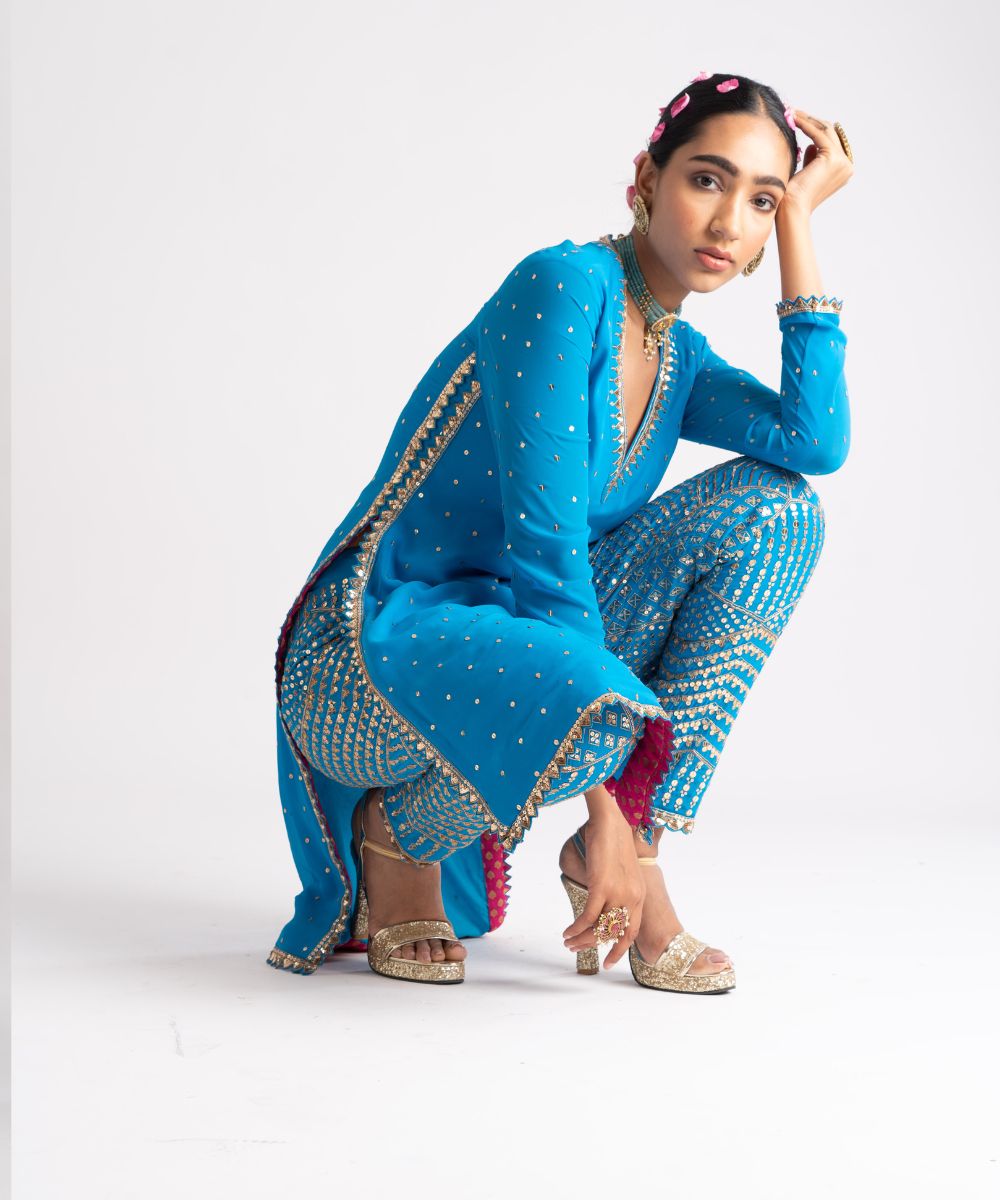 Firozi V Neck Multi Geo Pant Kurta Set - Collection name Rang by Vvani vats