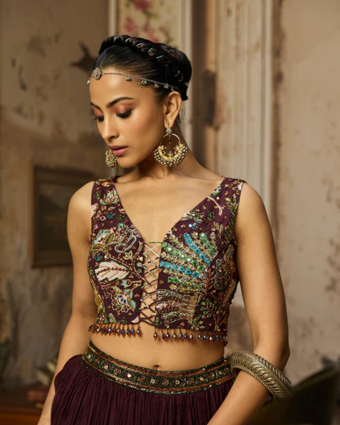 Diya Rajvvir - Plum Print And Highlighted Blouse With Skirt Set from Bahaar