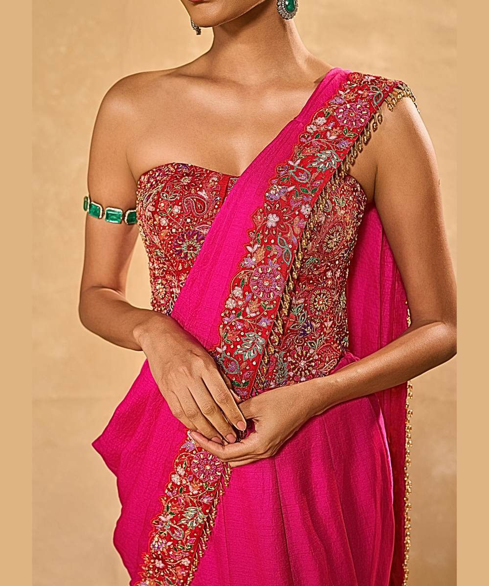 ARYA SAREE - Hot pink soft silk pre-draped saree paired with a red raw silk corset -  Leher by Chamee and Palak