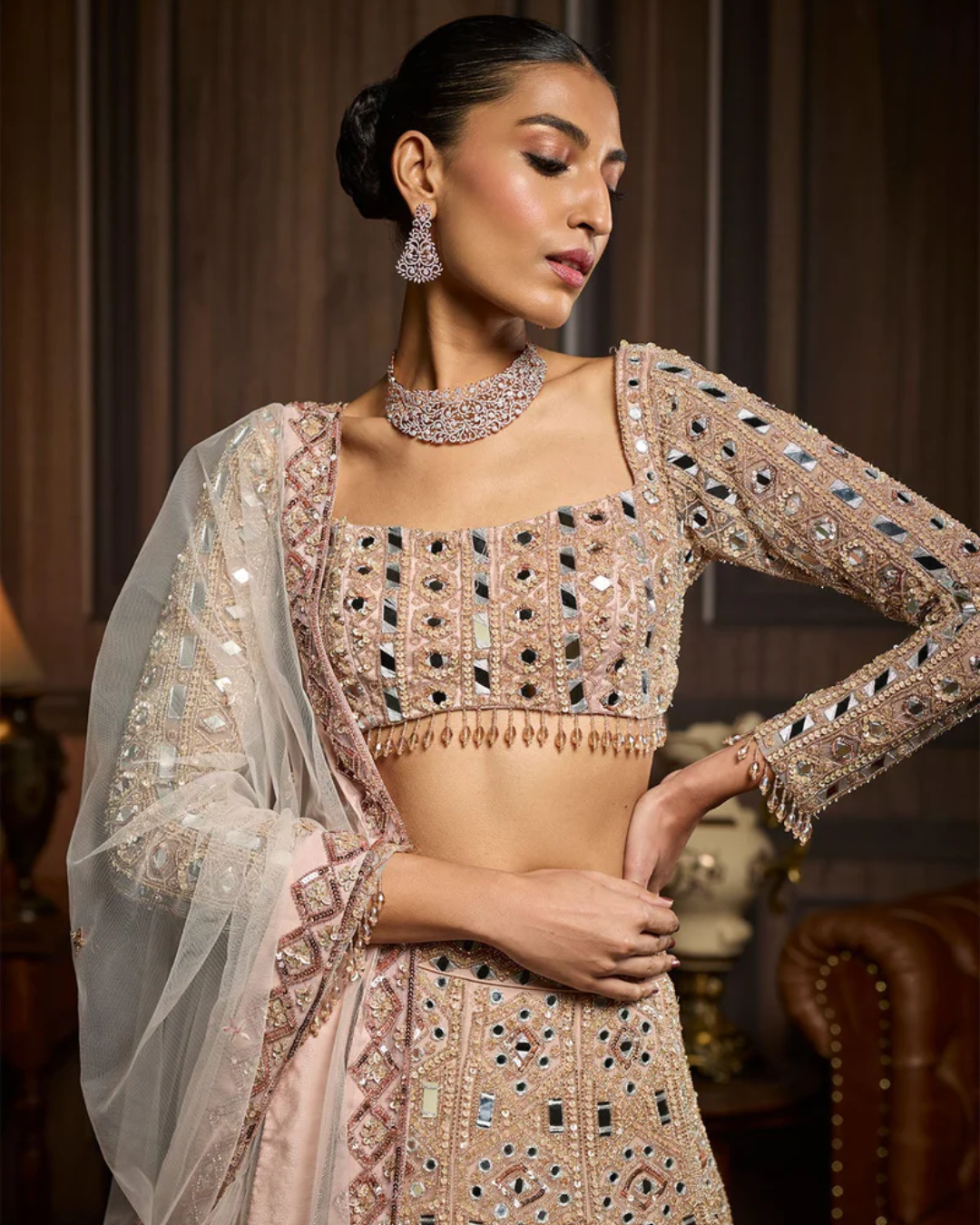 Diya Rajvvir - Blush Pink Embellished Mirrorwork Lehenga Set from Taara
