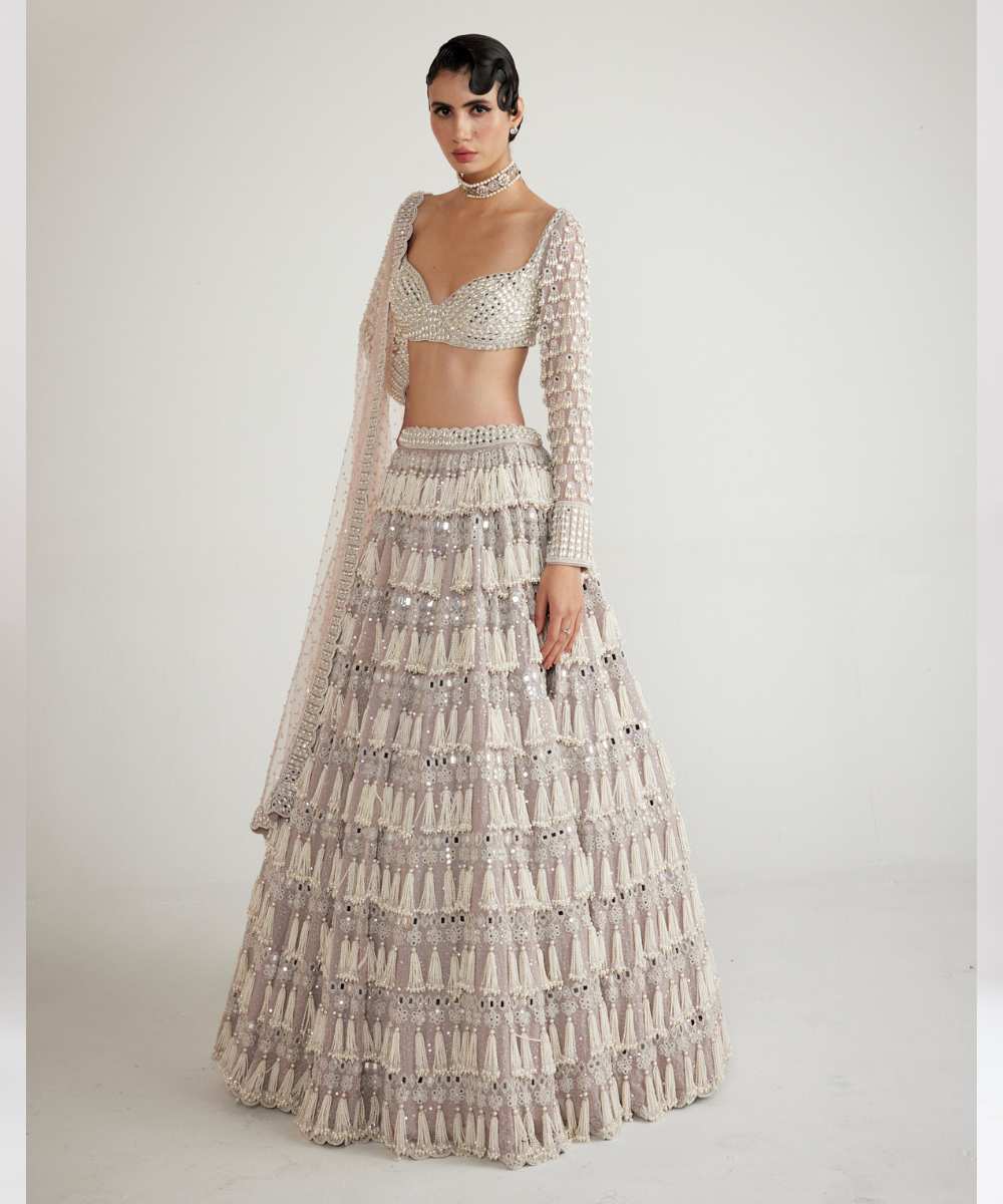 Ash Pink Chandelier Pearl Drop Full Sleeve Lehenga Set - Collection name Piroi by Vvani vats