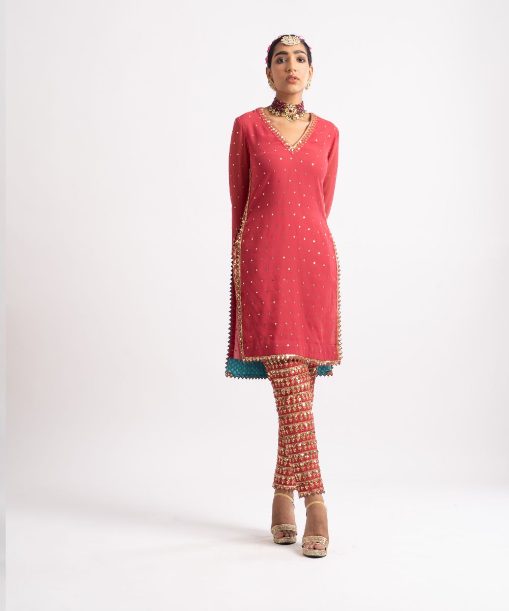 Deep Coral V Neck Heavy Pant Kurta Set - Collection name Rang by  Vvani vats