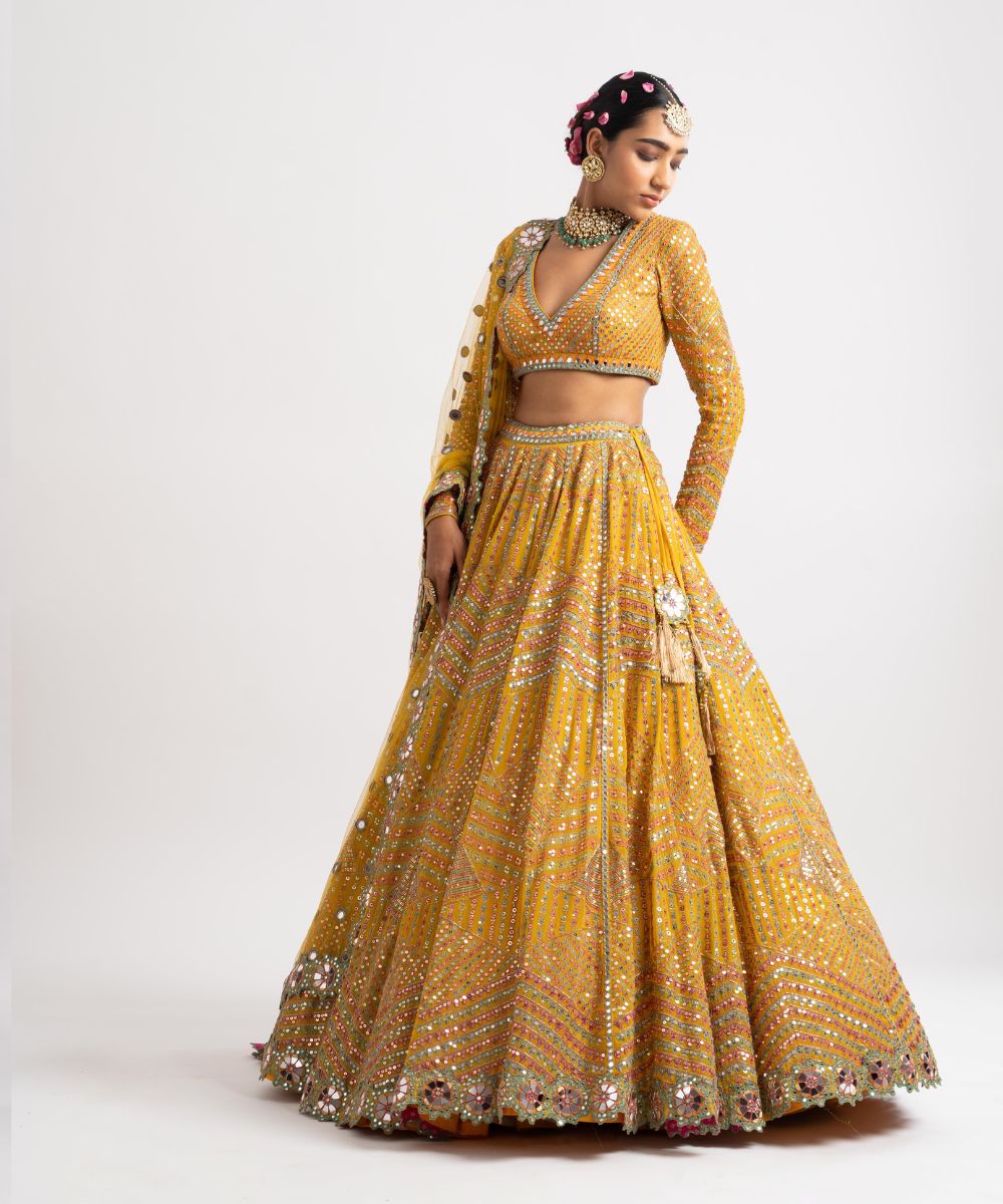 Yellow V Neck Heavy Multi Color Lehenga Set - Collection name Rang by Vvani vats