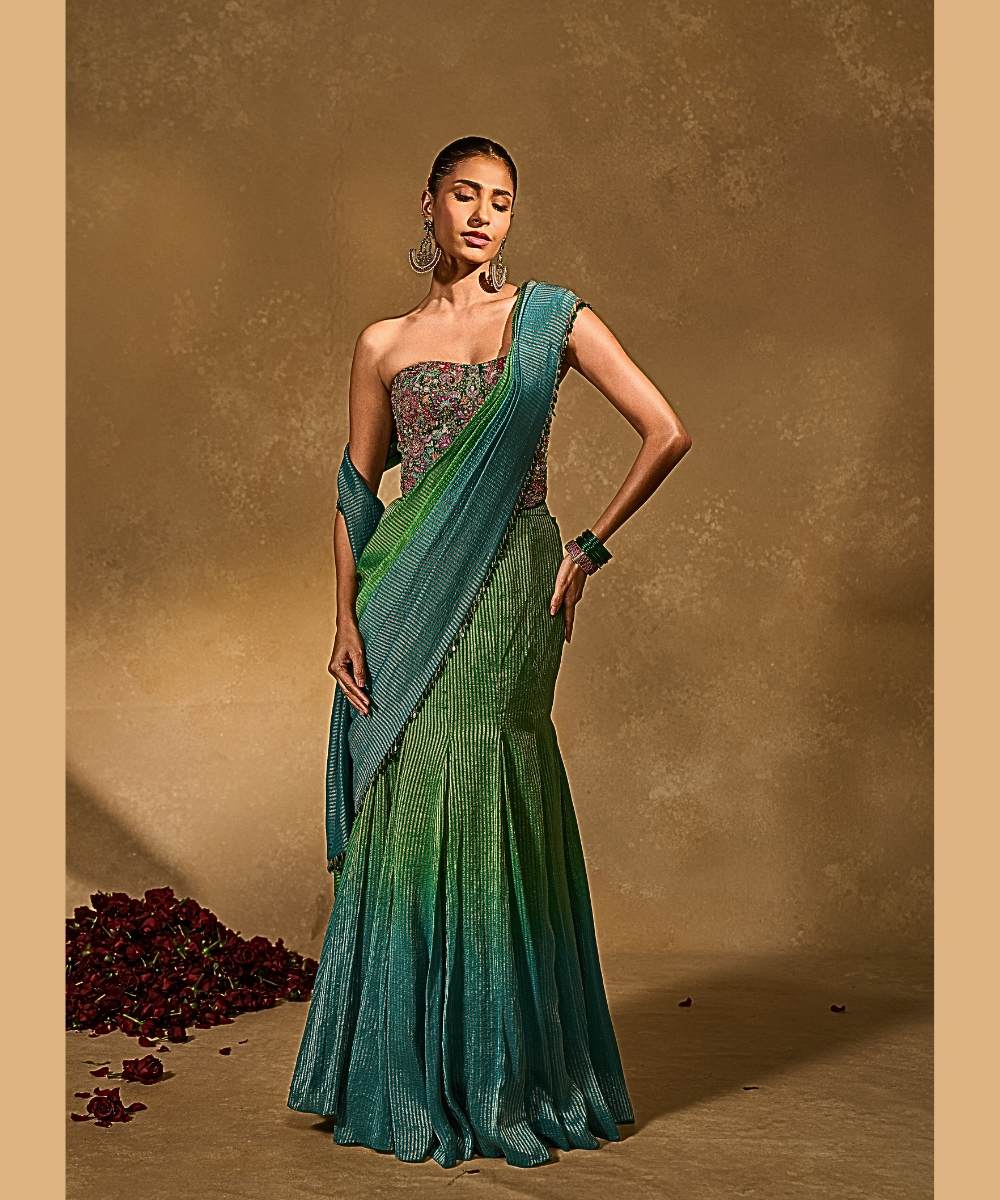 ASMA SAREE - Green to blue ombre tissue jamewar pre-draped saree -  Leher by Chamee and Palak