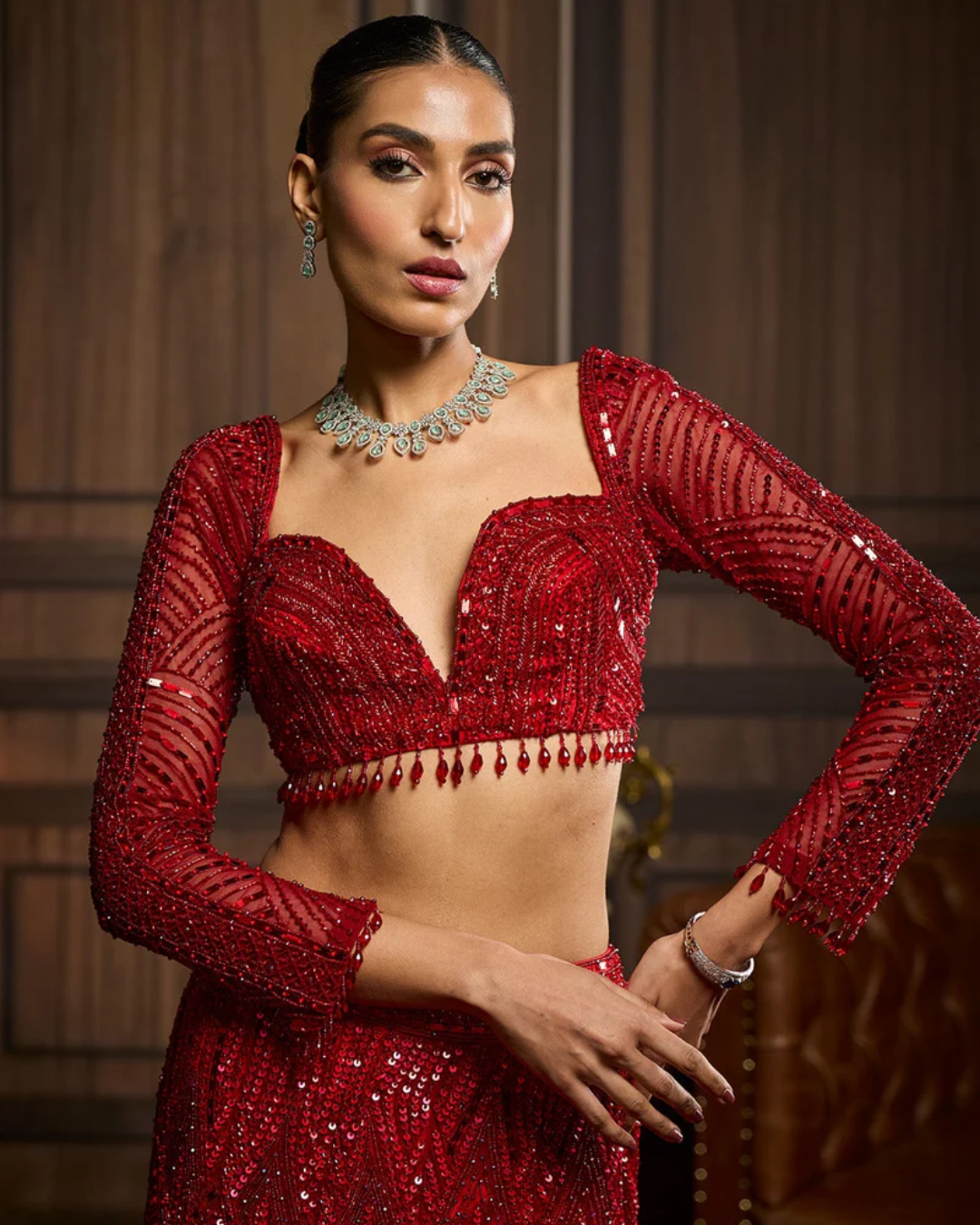 Diya Rajvvir - Vermillion Red Embroidered Mermaid Skirt Set from Taara