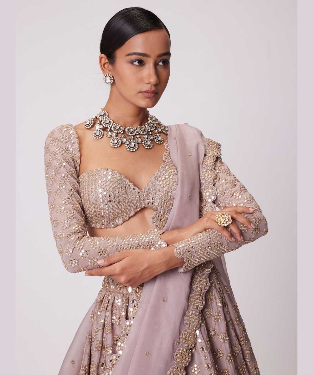ASH PINK FLOWER EMBROIDERED LEHENGA SET - Collection name Jugmug Bride by Vvani Vats