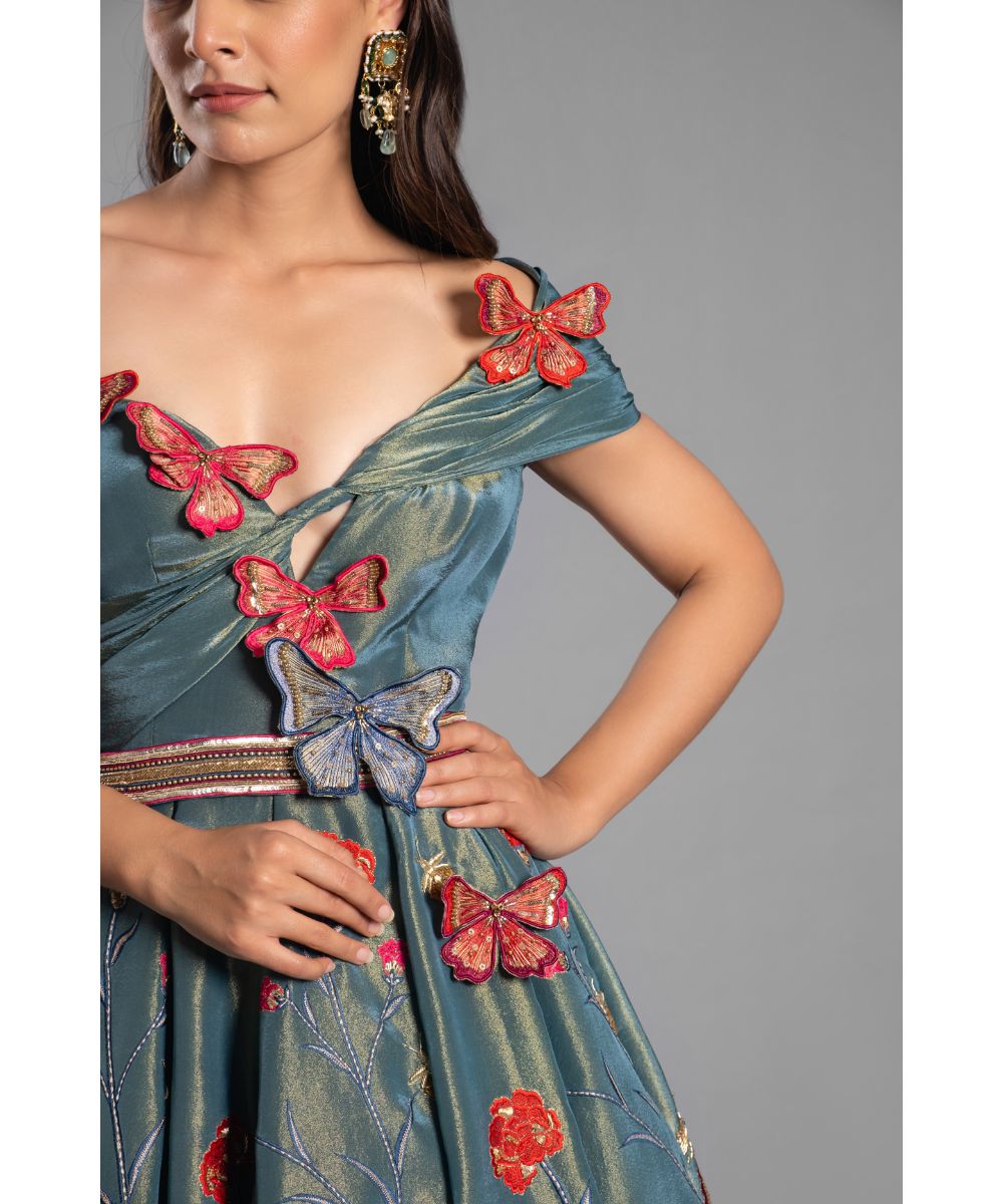 Forest Green tissue Calf length Indo-Western Dress