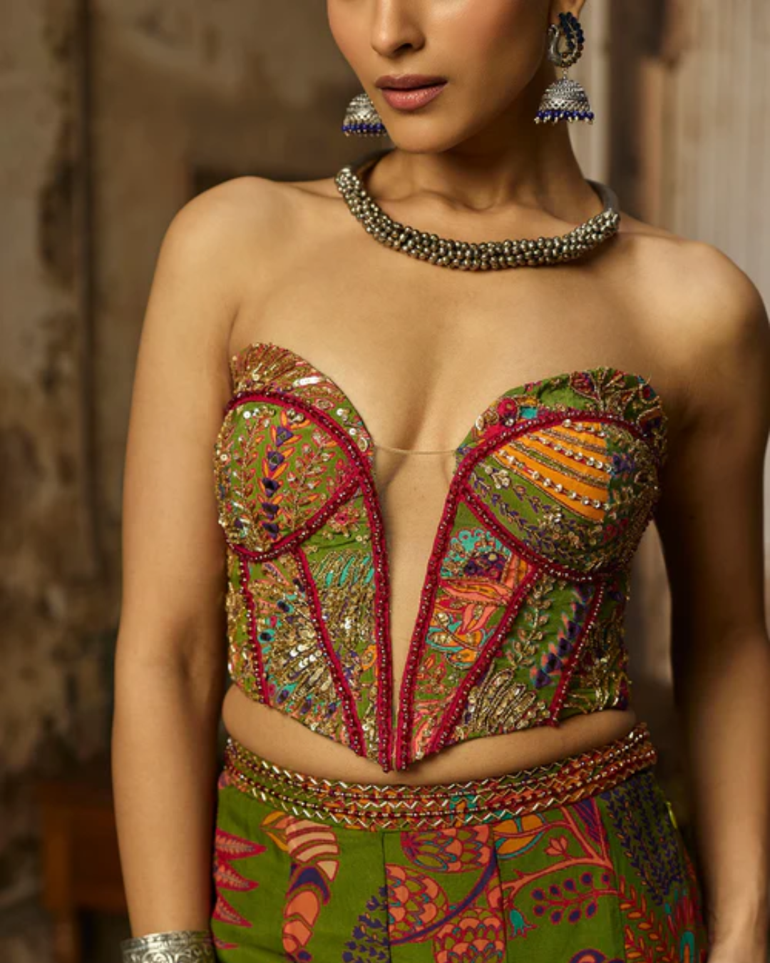 Diya Rajvvir - Pear Green Printed Highlighted Bell Bottom Pants Set from Bahaar