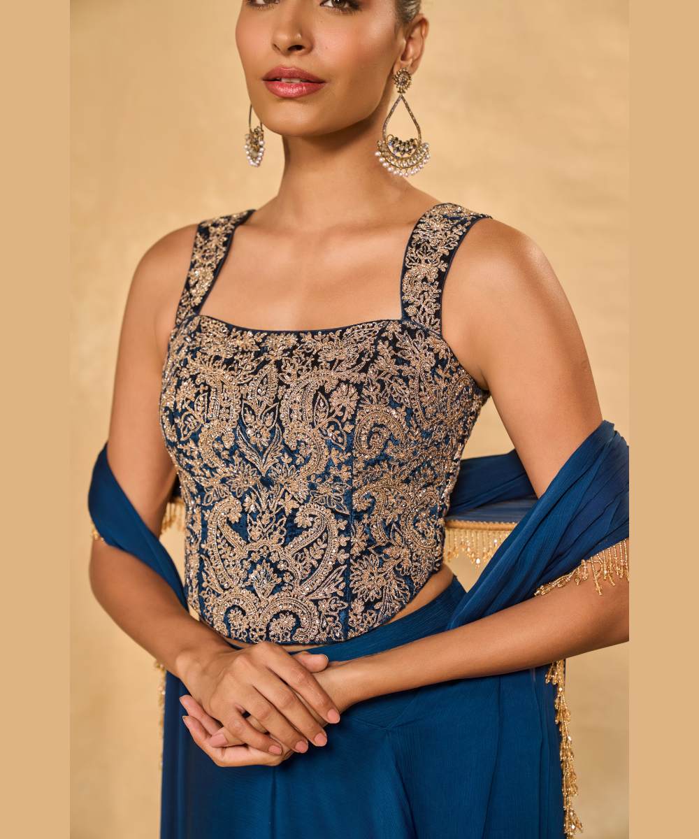 LEKHA SLIT SAREE - Satin chiffon dhoti saree embellished with tassel edging paired with a velvet corset blouse - Leher by Chamee and Palak