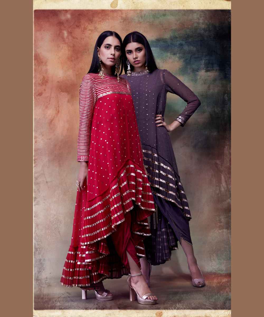 Crimson red high low kurta dhoti set
